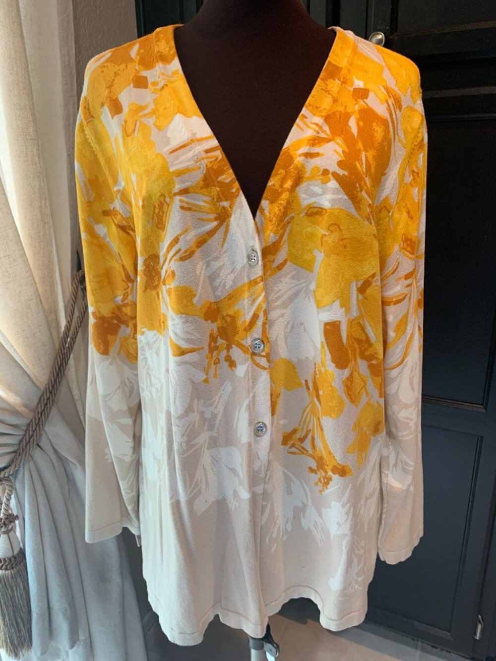 Isaac Mizrahi Live! V-Neck Engineered Floral Print Cardigan XL EUC